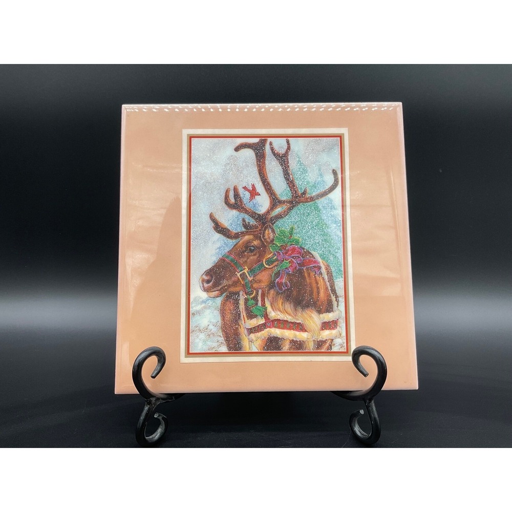 Vintage Donna Race Reindeer Tile Art Christmas Holiday Decor Winter Scene